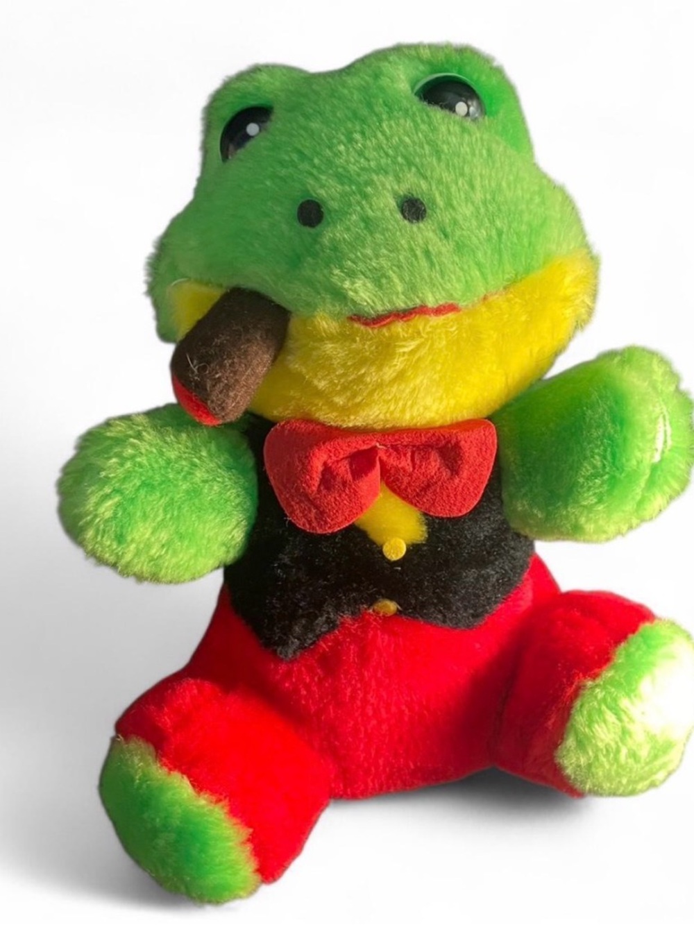 Plush Green and Yellow Frog Pet Toy with Red Accents